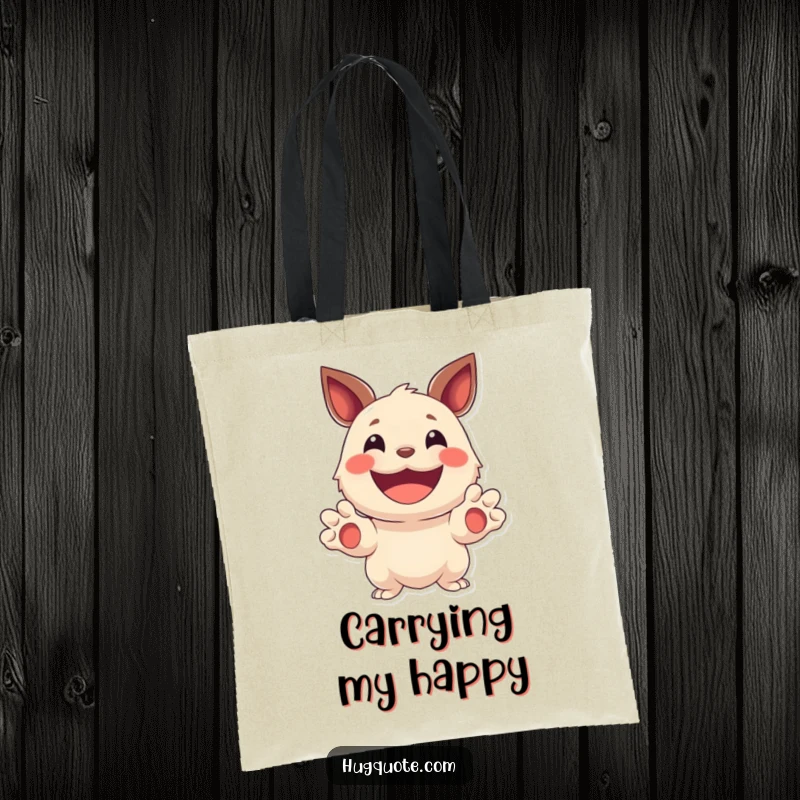 Funny tote bag with a creature beaming a smile and holding out its paws, ready to carry your items with cheer.