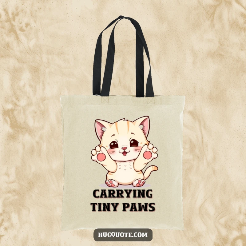 Funny tote bag with a playful kitten character reaching out with paws, inviting a cozy and loving hug.