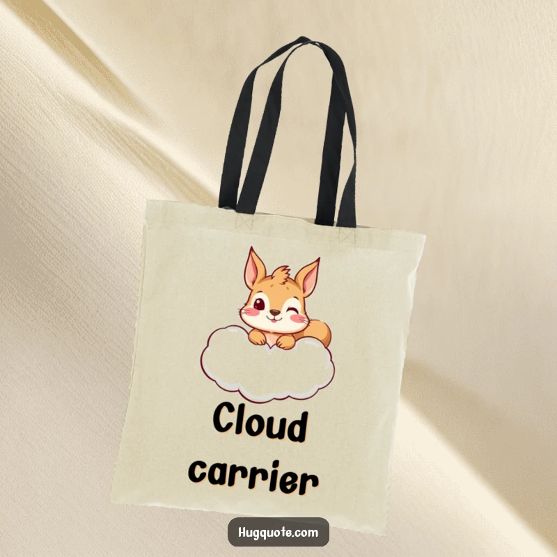 Funny squirrel tote bag featuring a curious character peeking from a hug-shaped cloud, ideal for stylish and humorous everyday carrying.