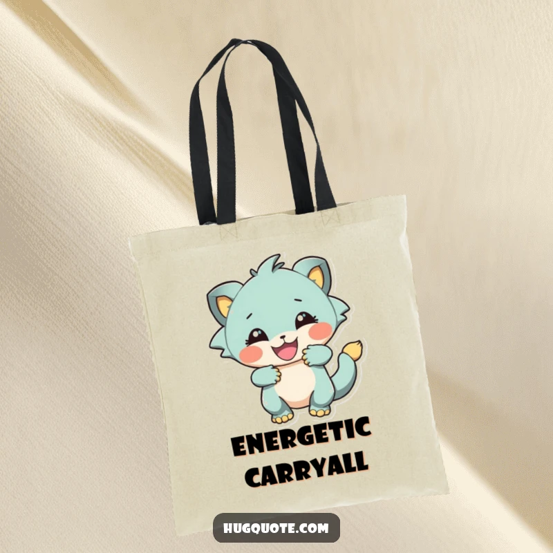 Funny tote bag with a creature in a playful, energetic embrace, ready to carry your items with vigor.