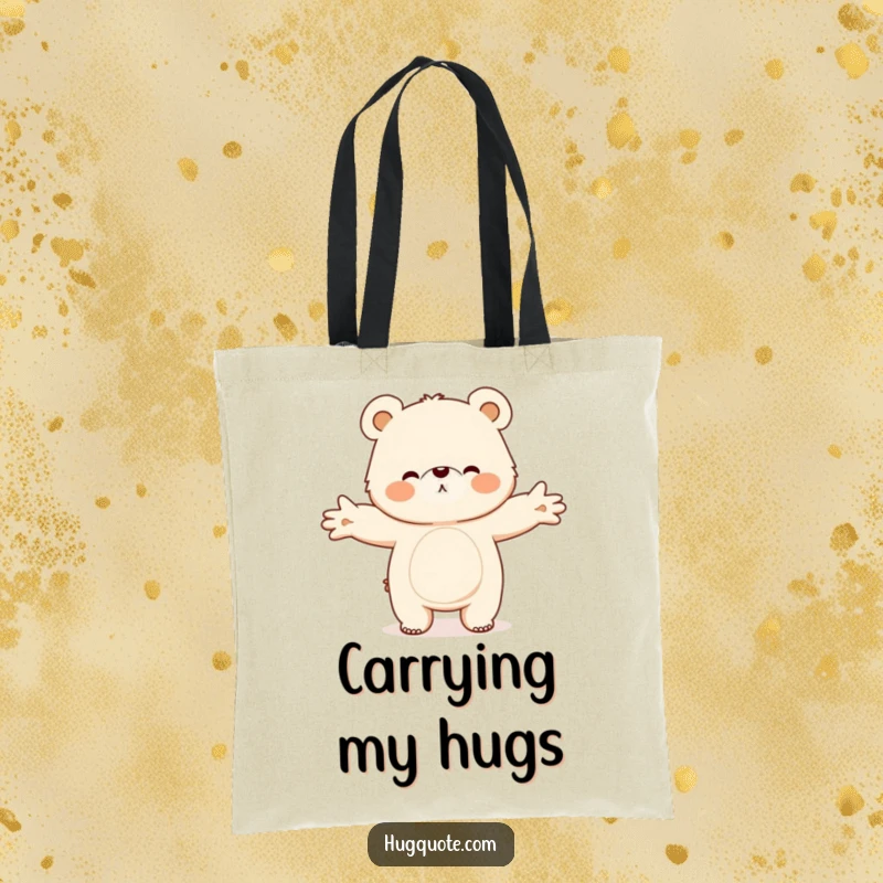 Funny tote bag with a fluffy bear character extending its arms wide for a welcoming big hug, perfect for carrying daily items.
