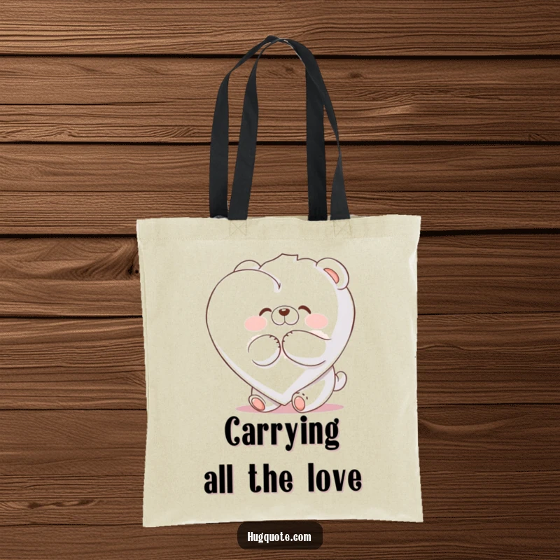 Funny tote bag showcasing a fluffy bear character giving a giant marshmallow heart a big, joyful hug.