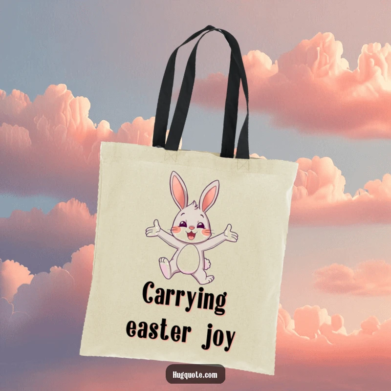 Funny tote bag with a bunny character leaping enthusiastically with open arms, ready for a cheerful hug.
