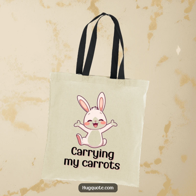 Funny tote bag with a cute bunny character joyfully leaping into an embrace, ready to carry your essentials with happiness.