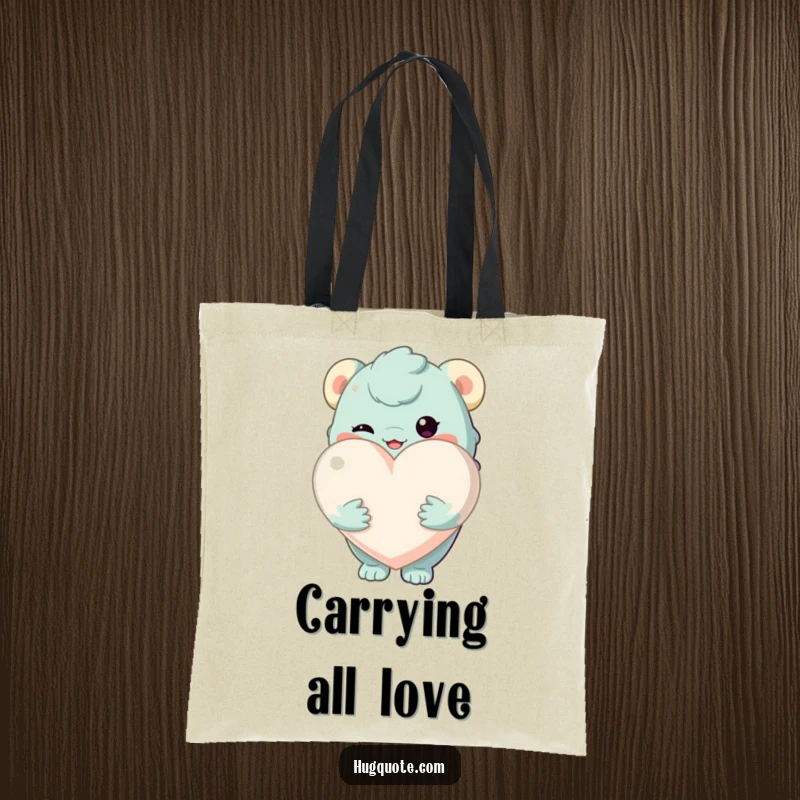 Funny tote bag with a creature holding a large, soft heart, perfect for carrying items with love and care.