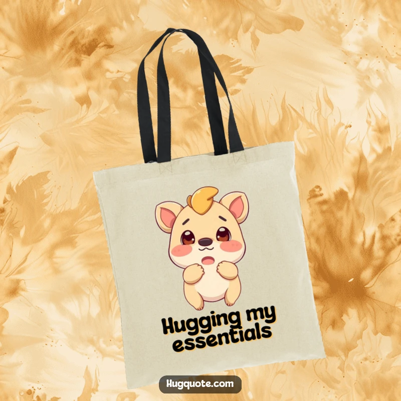 Funny tote bag with a curious and excited creature ready for a hug, perfect for carrying your items with enthusiasm.