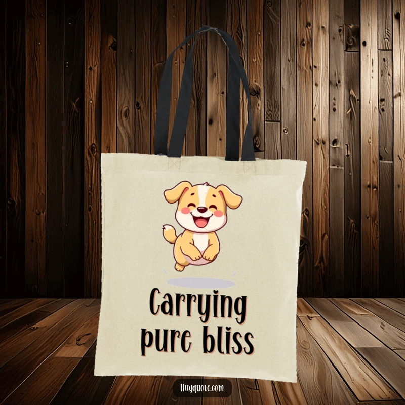 Funny tote bag with a happy dog character wagging its tail and attempting a small jump, symbolizing pure canine excitement.