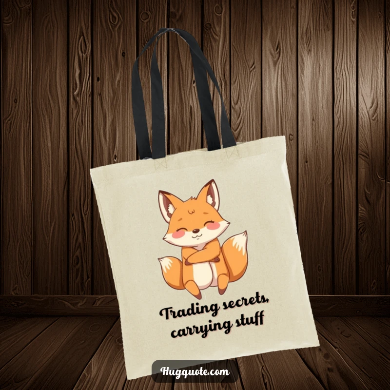 Funny tote bag with an energetic fox character wrapping its arms around another, perfect for carrying items with playful charm.