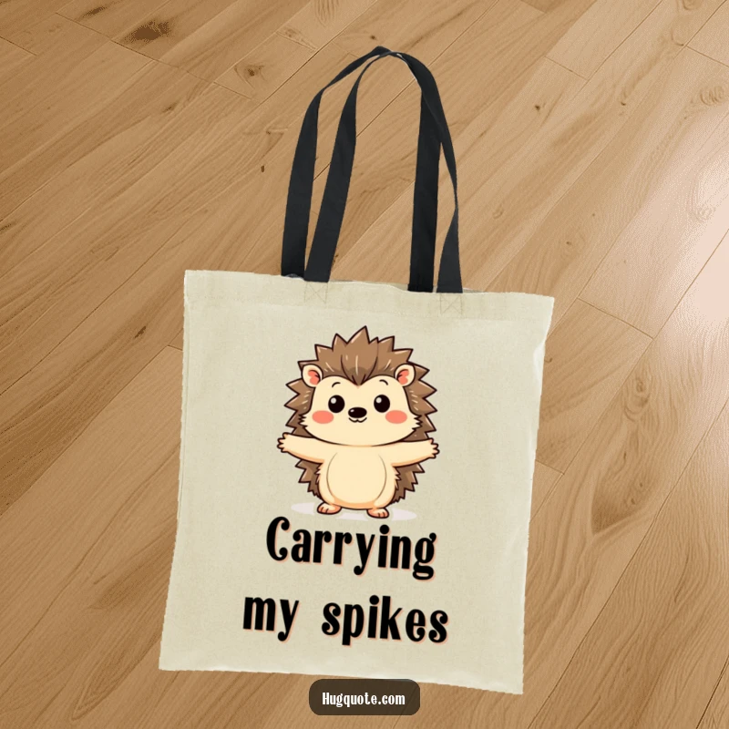 Funny hedgehog tote bag depicting a kawaii hedgehog curiously extending its arms, inviting a hug, perfect for carrying items with charm.