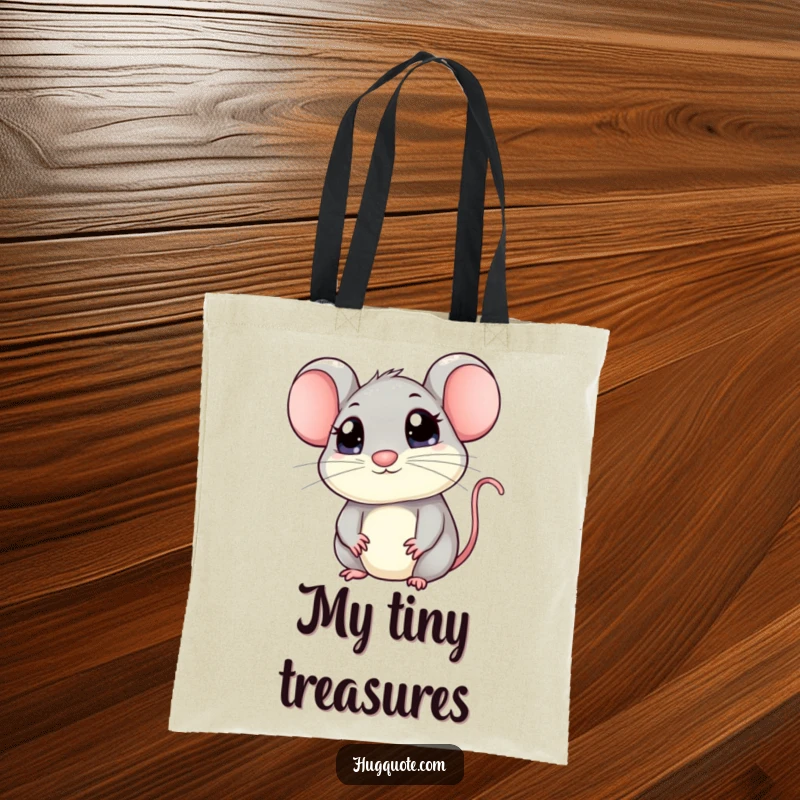 Funny mouse tote bag depicting a kawaii mouse with big eyes peeking out, invitingly seeking a hug, perfect for carrying items with charm.