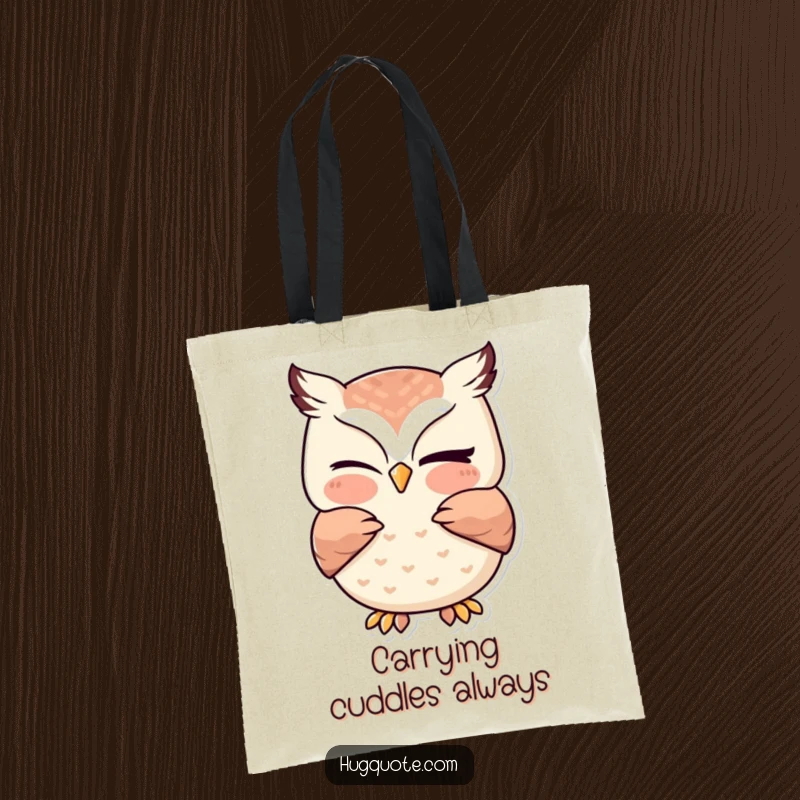 Funny owl tote bag depicting a kawaii owl winking while offering a gentle hug, ideal for carrying items with a cute and heartwarming touch.