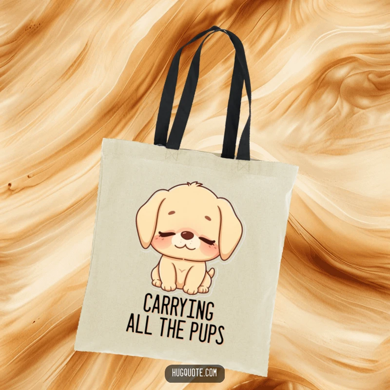 Funny tote bag with a cute puppy character giving a loving nuzzle, eyes closed in sweet affection.
