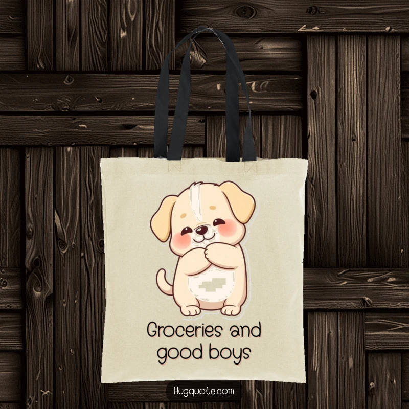 Funny tote bag with a chubby puppy character wagging its tail happily during a hug, perfect for carrying daily items.