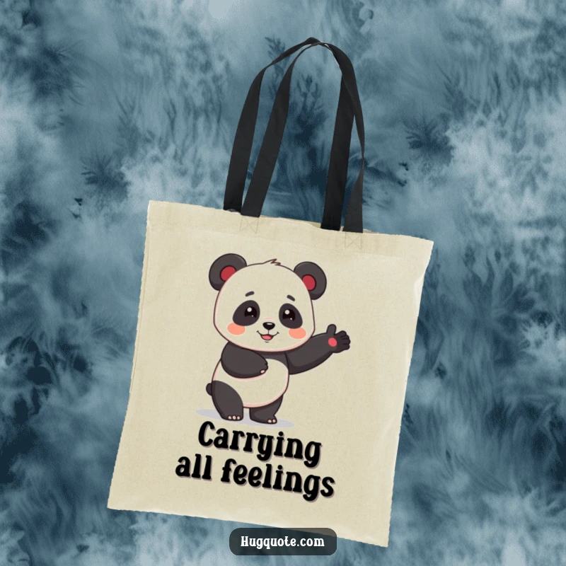 Funny panda character giving a gentle one-armed hug on a tote bag, perfect for carrying essentials with love.