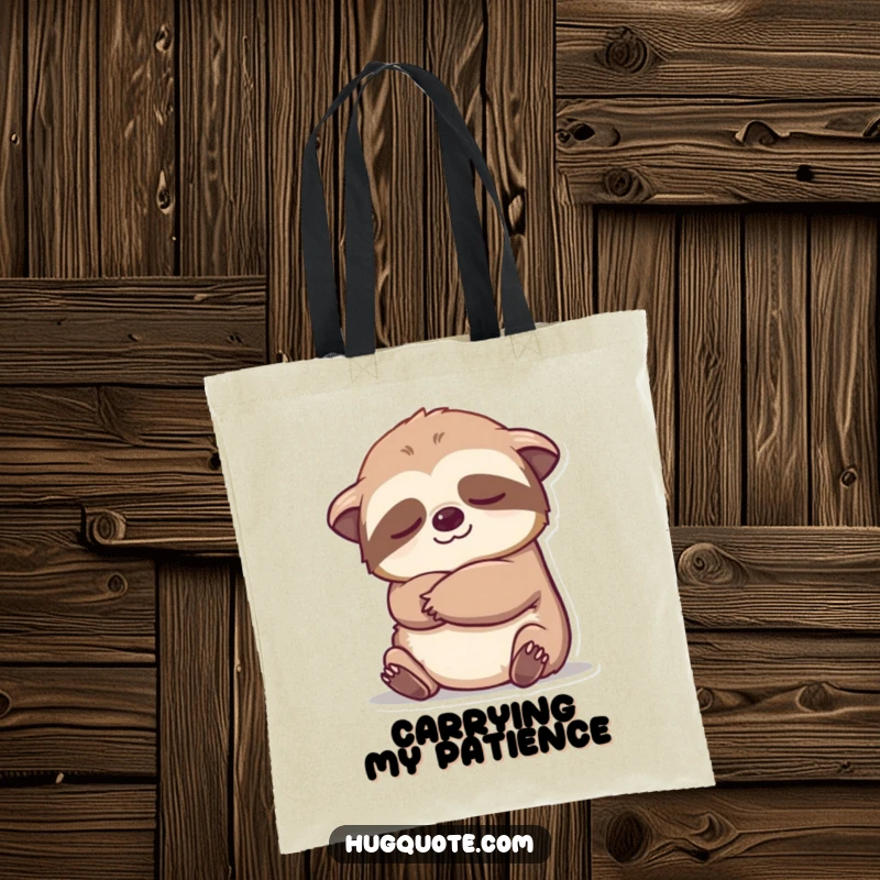 Funny sloth character extending an arm for a slow hug on a tote bag, perfect for carrying essentials with care.